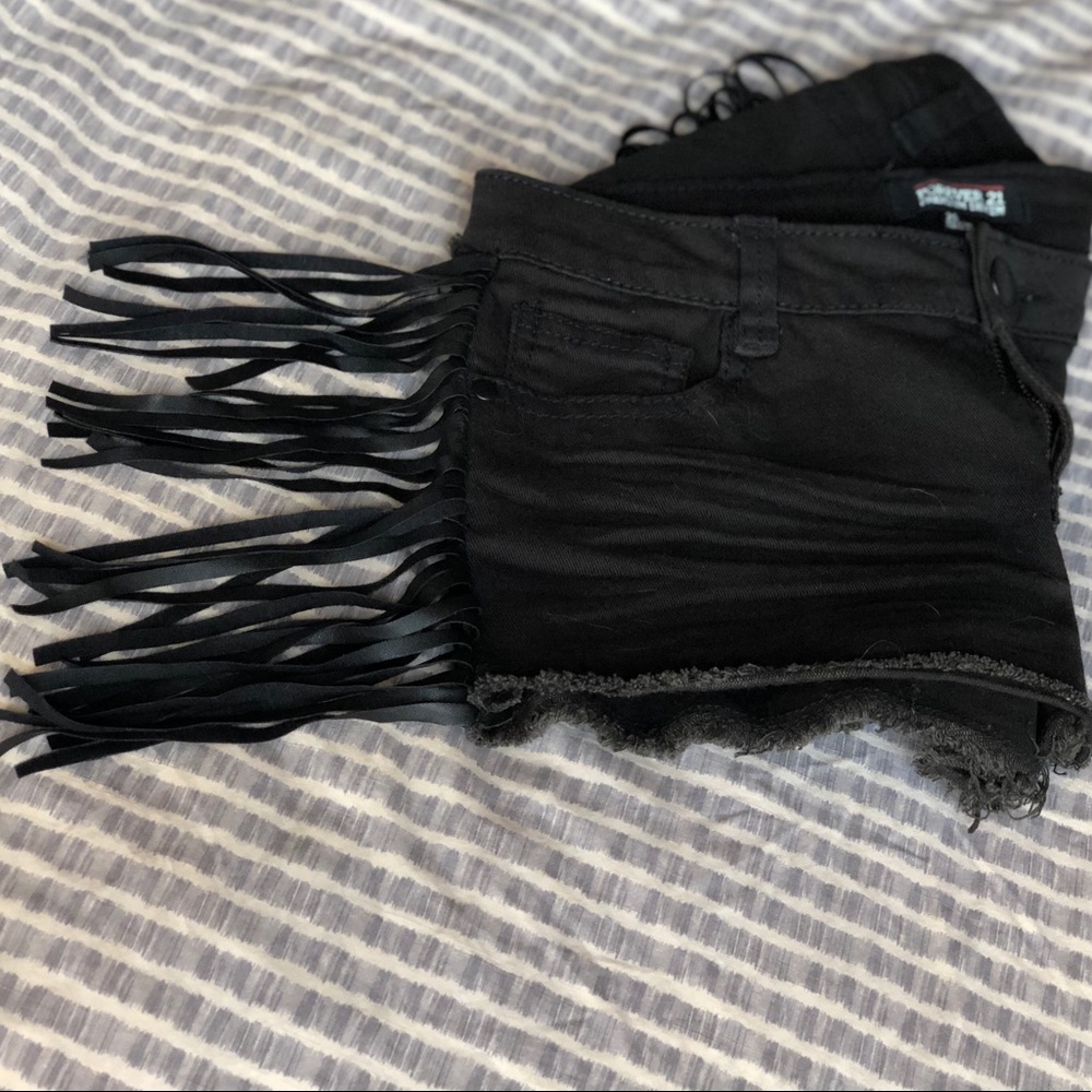 Black Jean Shorts with Fringe on Sides / Tassles - Picture 2 of 3